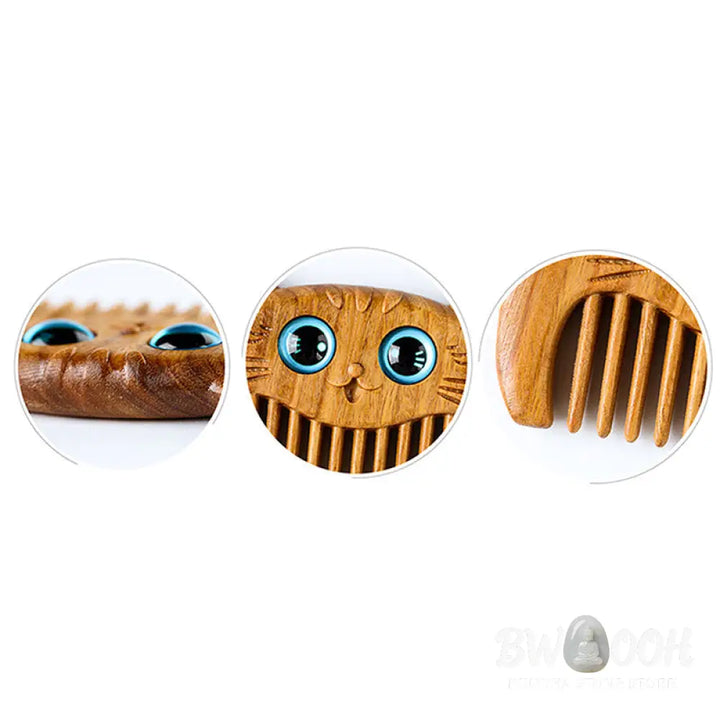 Buddha Stones Simple Cat Pattern Green Sandalwood Cure Portable Comb - Green Sandalwood Comb 6.8*4.2*1cm - Comb