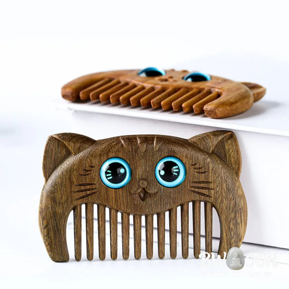 Buddha Stones Simple Cat Pattern Green Sandalwood Cure Portable Comb - Green Sandalwood Comb 6.8*4.2*1cm - Comb