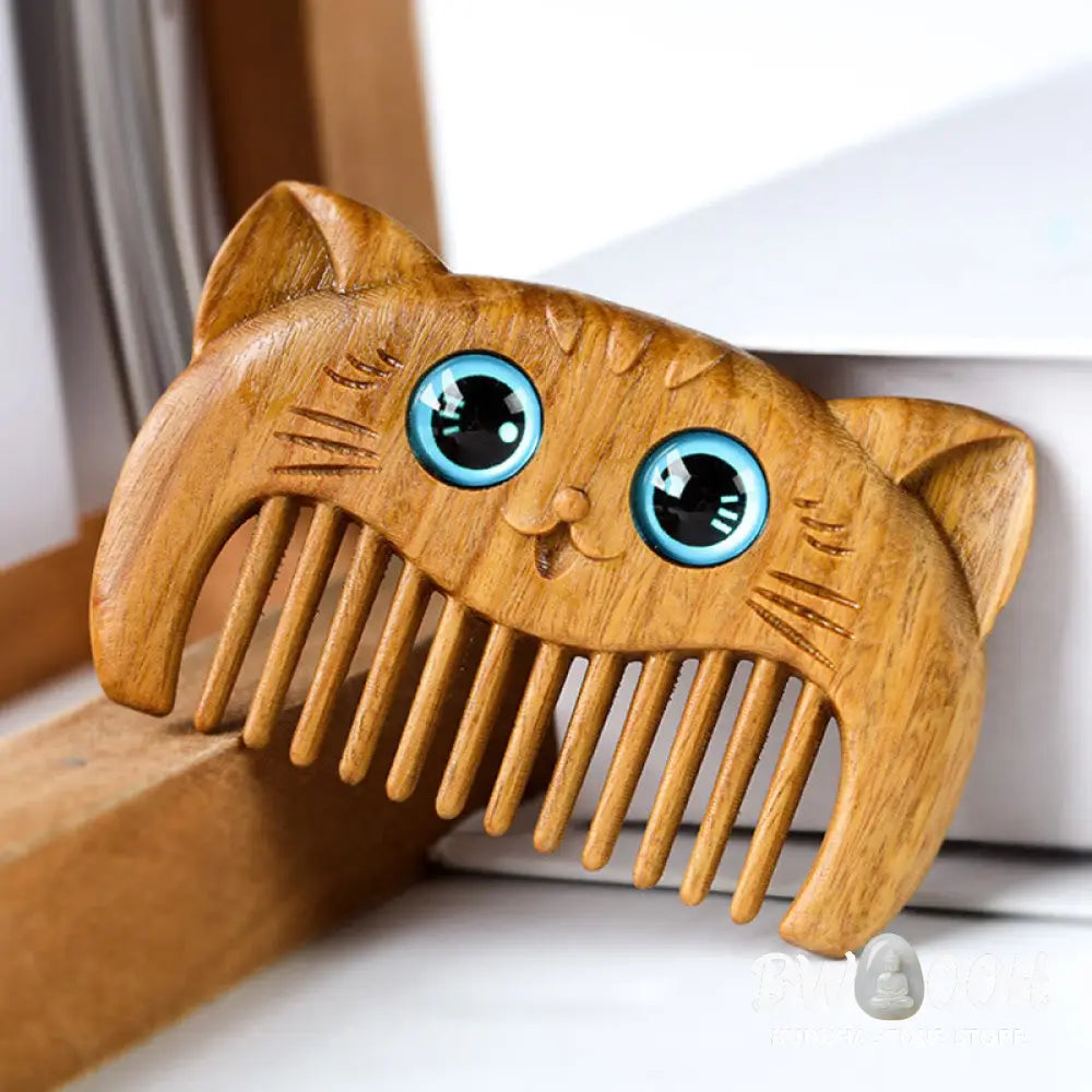 Buddha Stones Simple Cat Pattern Green Sandalwood Cure Portable Comb - Green Sandalwood Comb 6.8*4.2*1cm - Comb