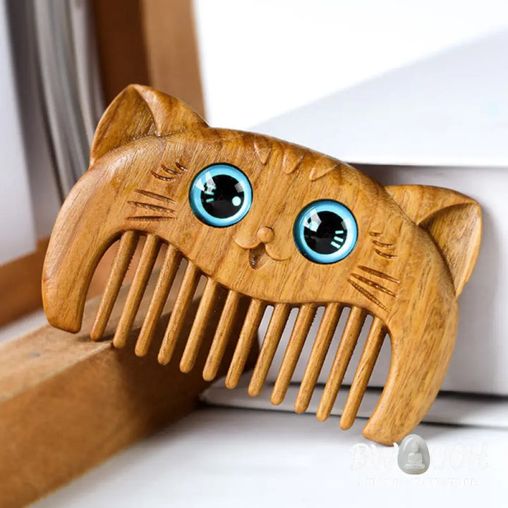 Buddha Stones Simple Cat Pattern Green Sandalwood Cure Portable Comb - Green Sandalwood Comb 6.8*4.2*1cm - Comb