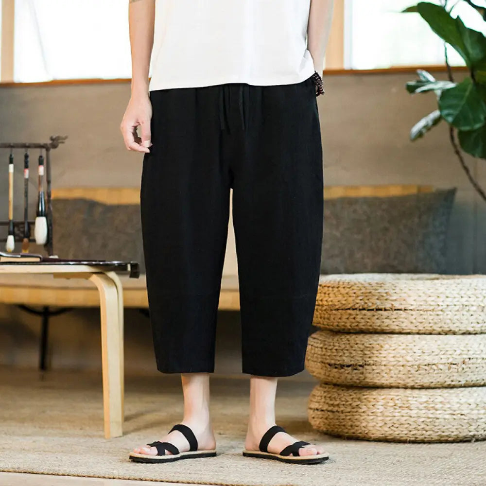 Buddha Stones Simple Design Drawstring Cotton Linen Men’s Solid Color Harem Pants With Pockets - Black