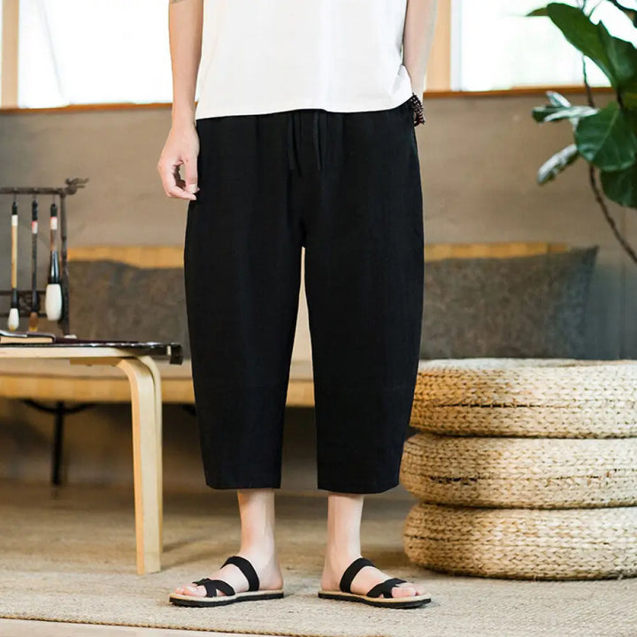 Buddha Stones Simple Design Drawstring Cotton Linen Men’s Solid Color Harem Pants With Pockets - Black
