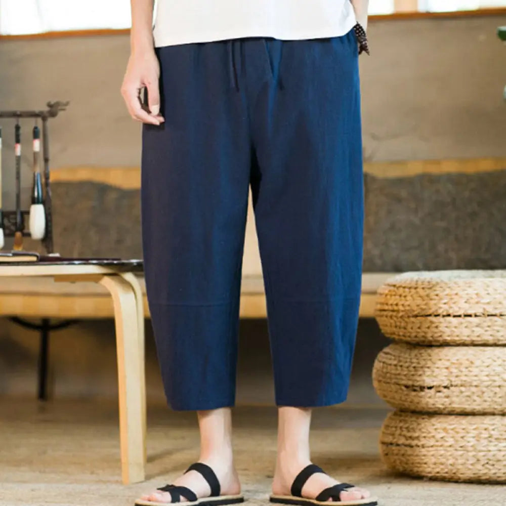 Buddha Stones Simple Design Drawstring Cotton Linen Men’s Solid Color Harem Pants With Pockets - Navy / US/UK/AU36，EU46