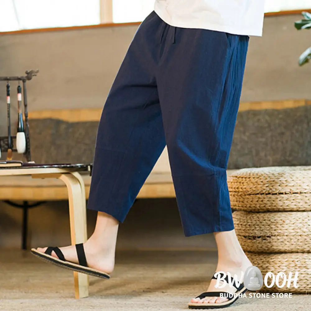 Buddha Stones Simple Design Drawstring Cotton Linen Men’s Solid Color Harem Pants With Pockets - Men’s Tapered Pants