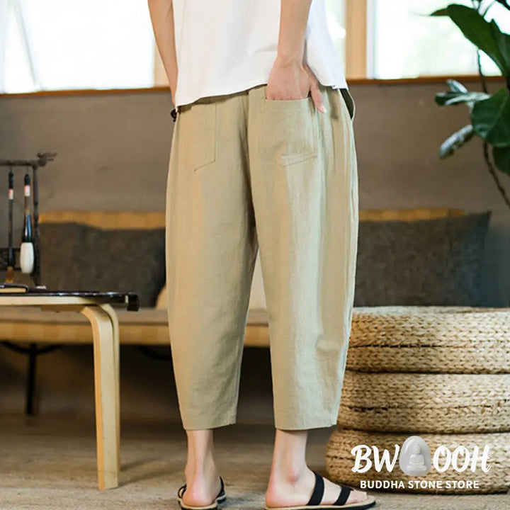 Buddha Stones Simple Design Drawstring Cotton Linen Men’s Solid Color Harem Pants With Pockets - Men’s Tapered Pants