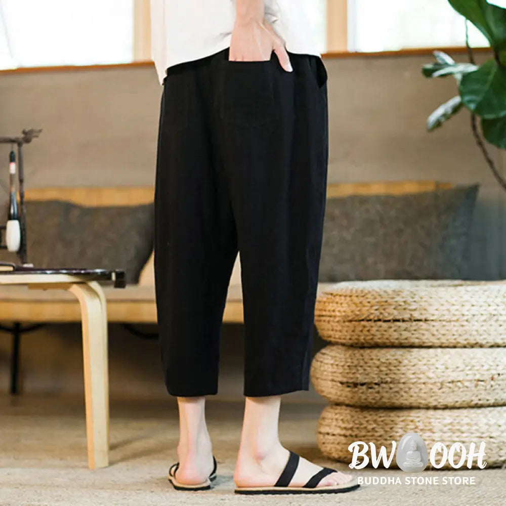 Buddha Stones Simple Design Drawstring Cotton Linen Men’s Solid Color Harem Pants With Pockets - Men’s Tapered Pants