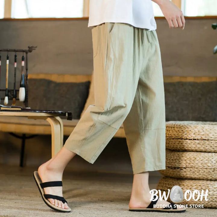 Buddha Stones Simple Design Drawstring Cotton Linen Men’s Solid Color Harem Pants With Pockets - Men’s Tapered Pants