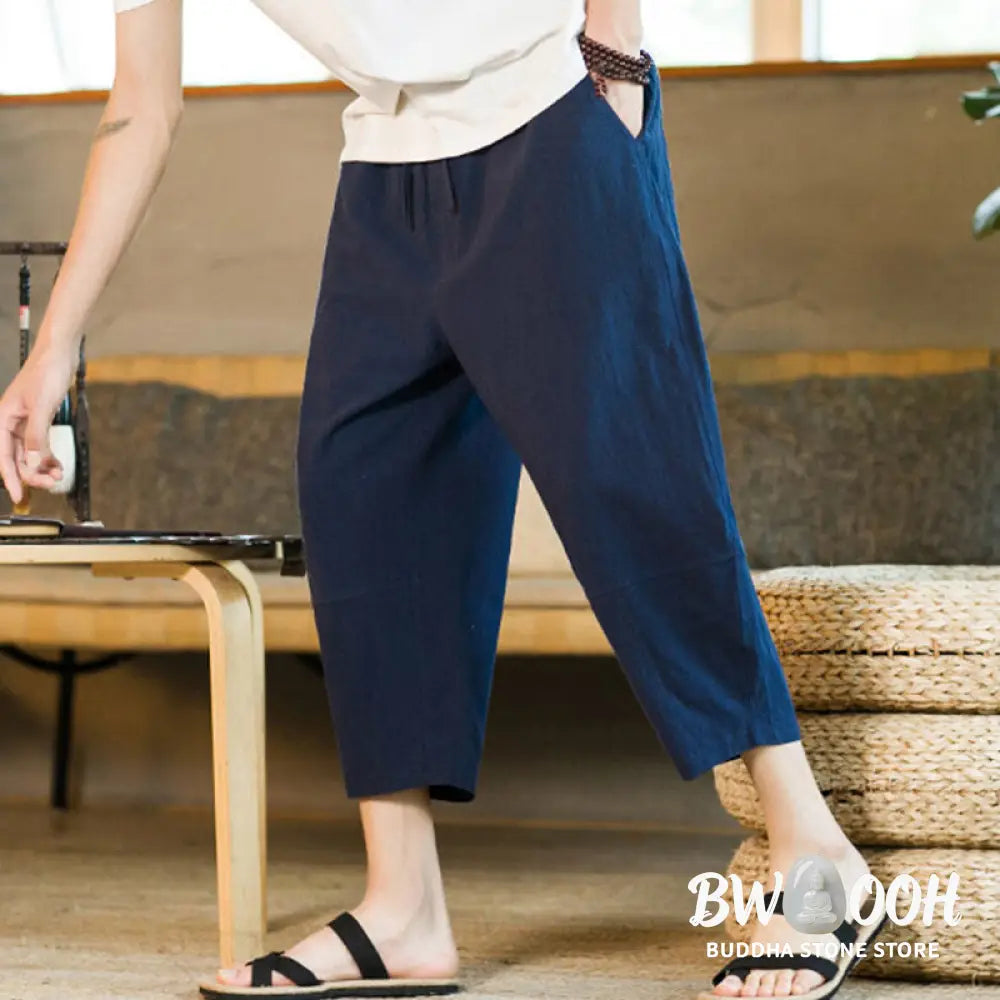 Buddha Stones Simple Design Drawstring Cotton Linen Men’s Solid Color Harem Pants With Pockets - Men’s Tapered Pants
