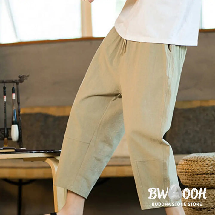 Buddha Stones Simple Design Drawstring Cotton Linen Men’s Solid Color Harem Pants With Pockets - Men’s Tapered Pants