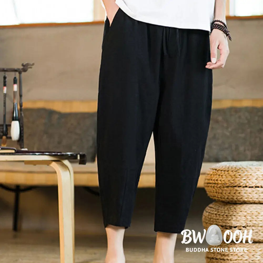 Buddha Stones Simple Design Drawstring Cotton Linen Men’s Solid Color Harem Pants With Pockets - Men’s Tapered Pants