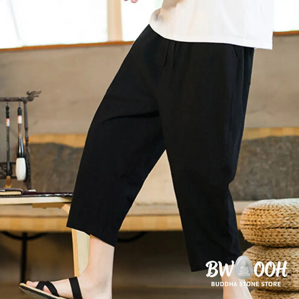 Buddha Stones Simple Design Drawstring Cotton Linen Men’s Solid Color Harem Pants With Pockets - Men’s Tapered Pants