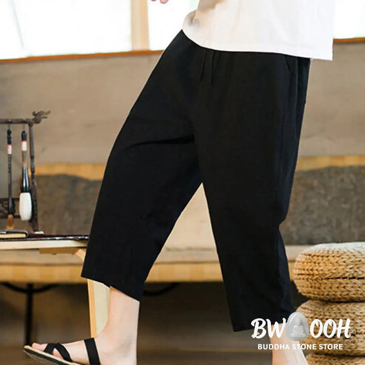 Buddha Stones Simple Design Drawstring Cotton Linen Men’s Solid Color Harem Pants With Pockets - Men’s Tapered Pants
