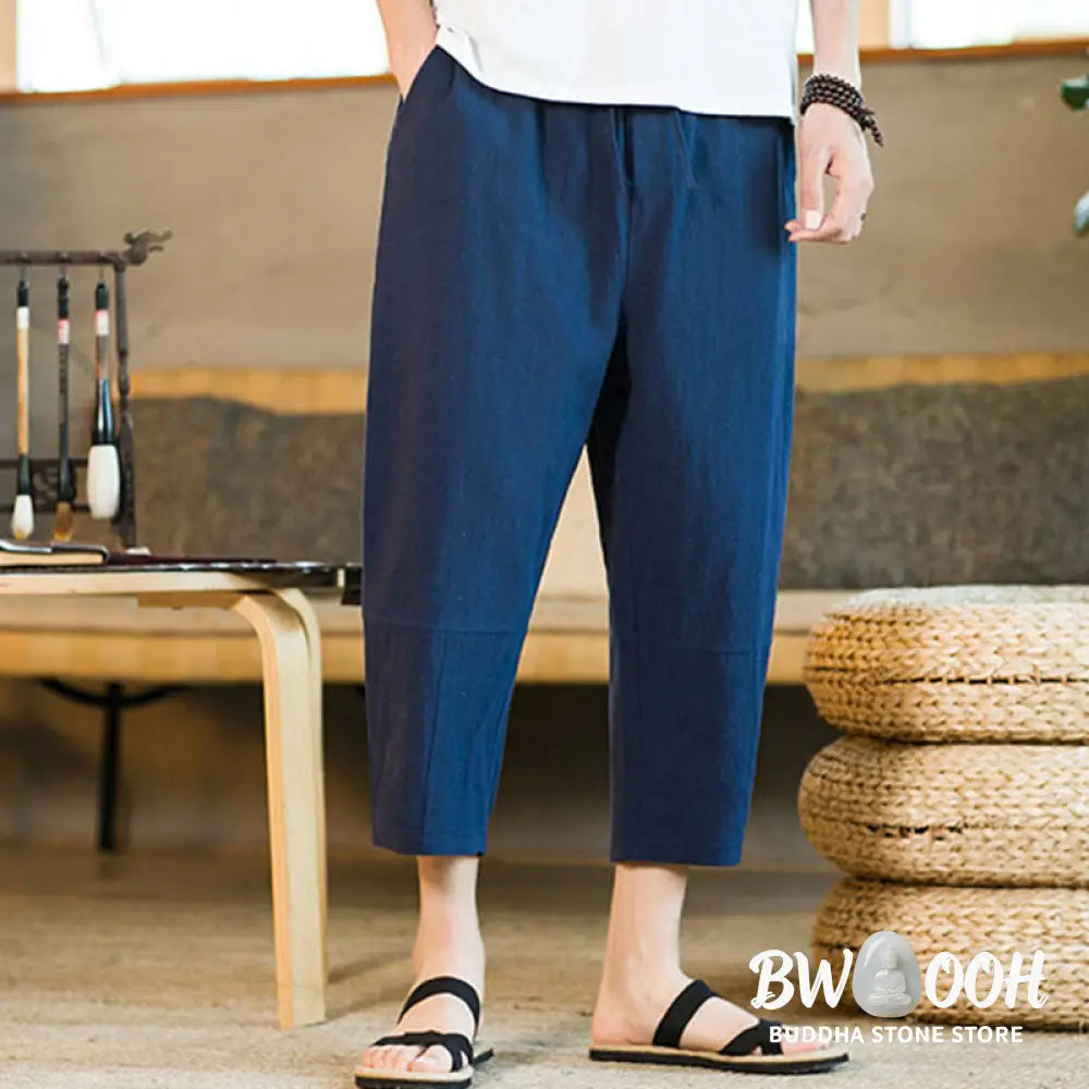 Buddha Stones Simple Design Drawstring Cotton Linen Men’s Solid Color Harem Pants With Pockets - Men’s Tapered Pants