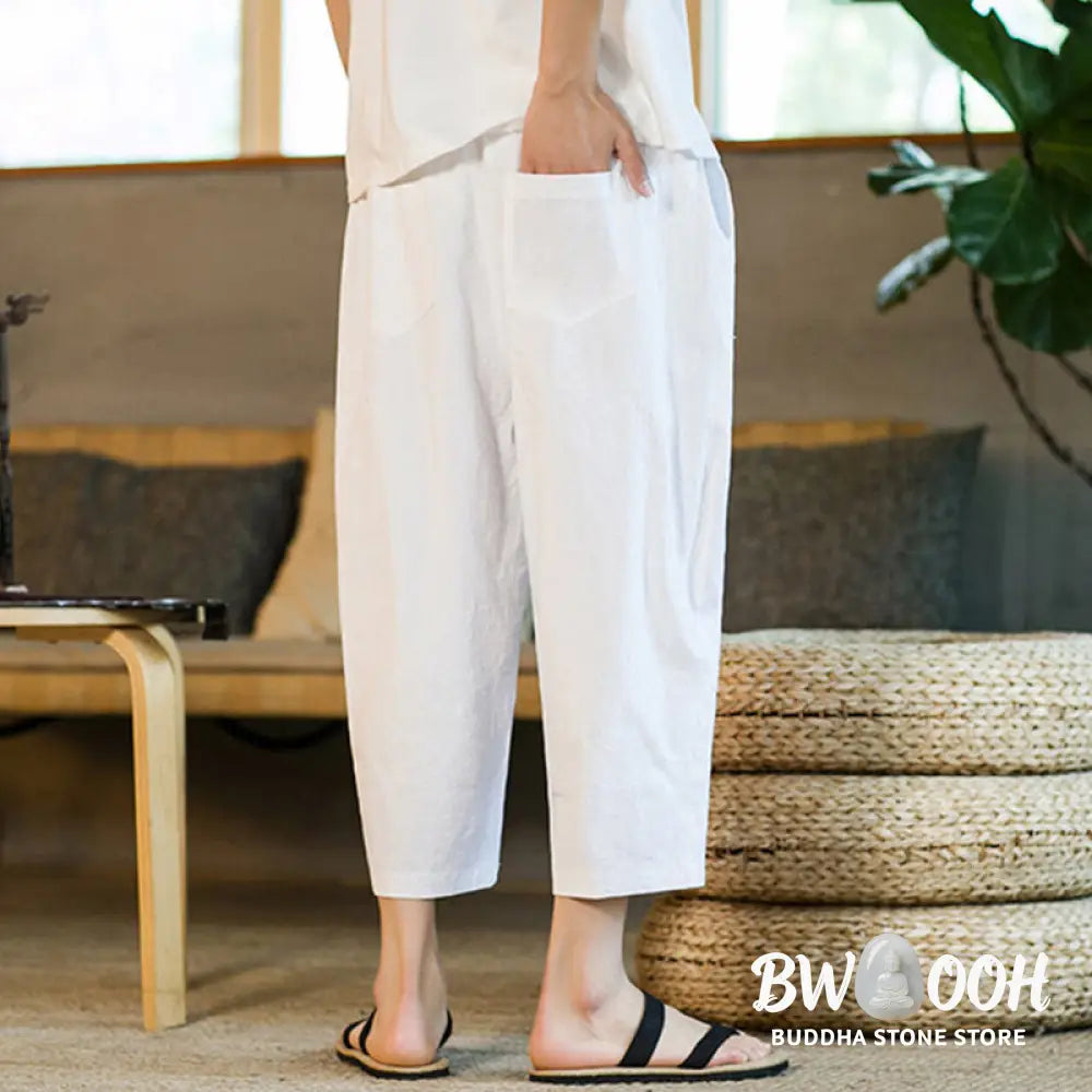 Buddha Stones Simple Design Drawstring Cotton Linen Men’s Solid Color Harem Pants With Pockets - Men’s Tapered Pants