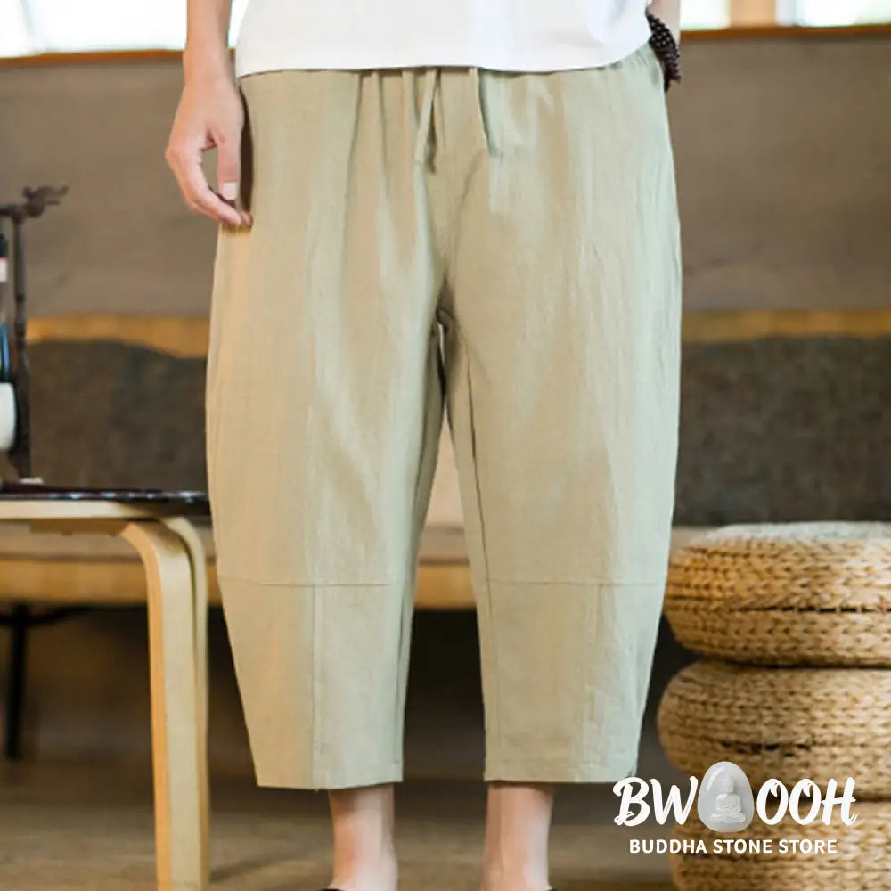 Buddha Stones Simple Design Drawstring Cotton Linen Men’s Solid Color Harem Pants With Pockets - Men’s Tapered Pants