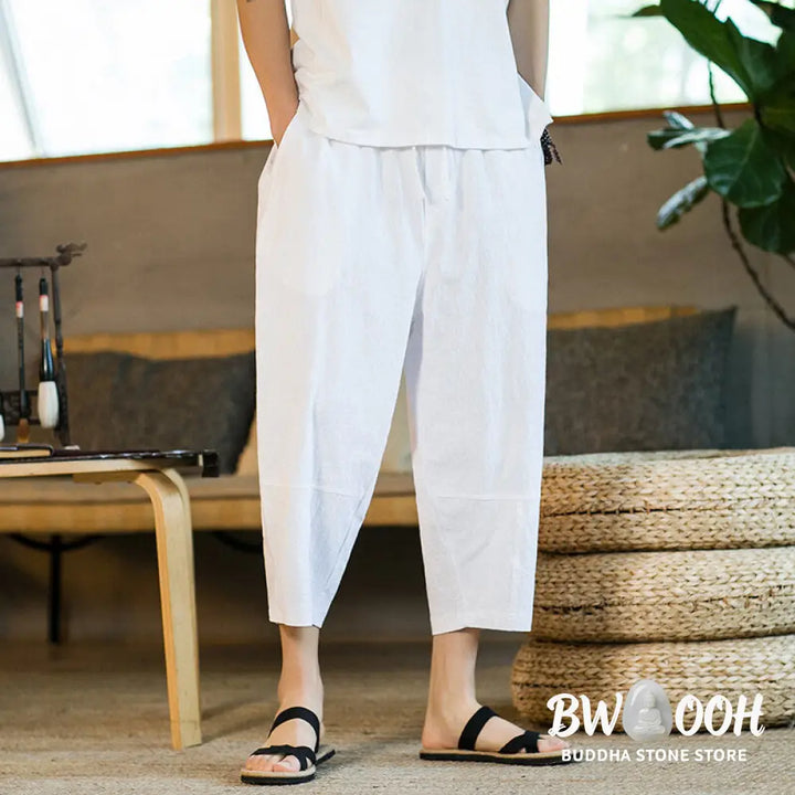 Buddha Stones Simple Design Drawstring Cotton Linen Men’s Solid Color Harem Pants With Pockets - Men’s Tapered Pants