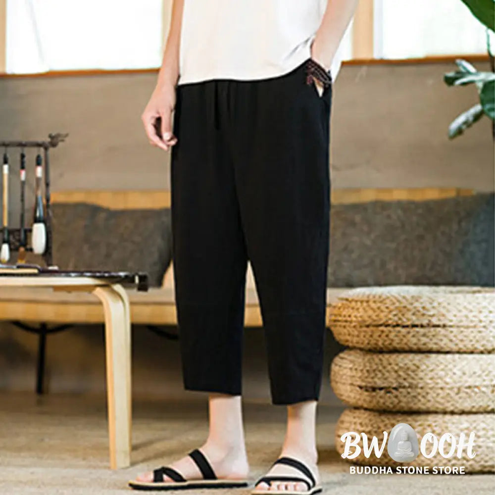 Buddha Stones Simple Design Drawstring Cotton Linen Men’s Solid Color Harem Pants With Pockets - Men’s Tapered Pants