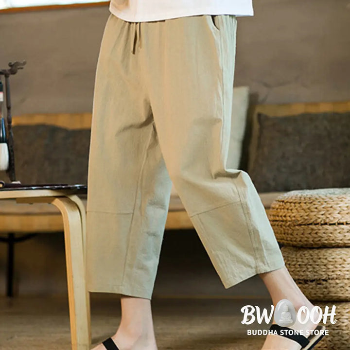 Buddha Stones Simple Design Drawstring Cotton Linen Men’s Solid Color Harem Pants With Pockets - Men’s Tapered Pants