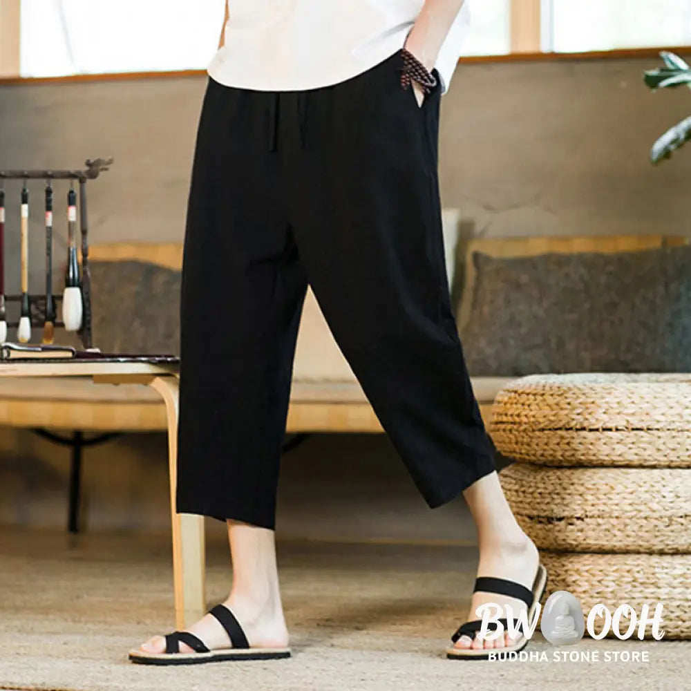 Buddha Stones Simple Design Drawstring Cotton Linen Men’s Solid Color Harem Pants With Pockets - Men’s Tapered Pants