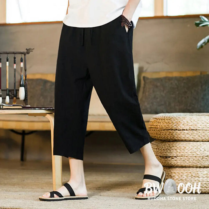 Buddha Stones Simple Design Drawstring Cotton Linen Men’s Solid Color Harem Pants With Pockets - Men’s Tapered Pants