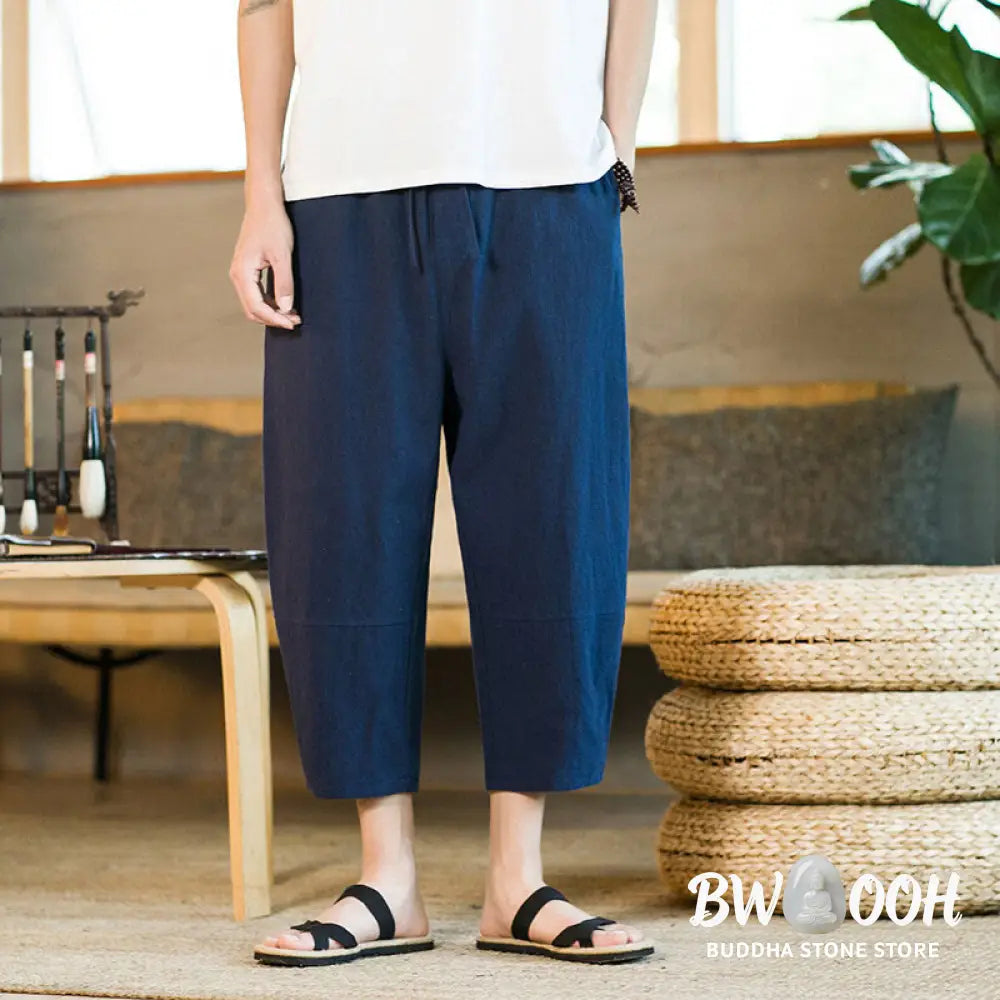 Buddha Stones Simple Design Drawstring Cotton Linen Men’s Solid Color Harem Pants With Pockets - Men’s Tapered Pants