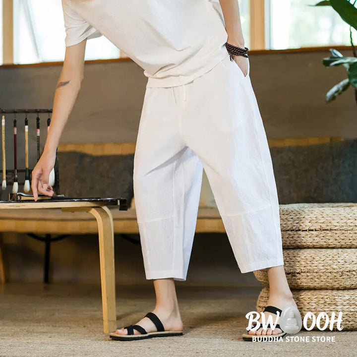 Buddha Stones Simple Design Drawstring Cotton Linen Men’s Solid Color Harem Pants With Pockets - Men’s Tapered Pants