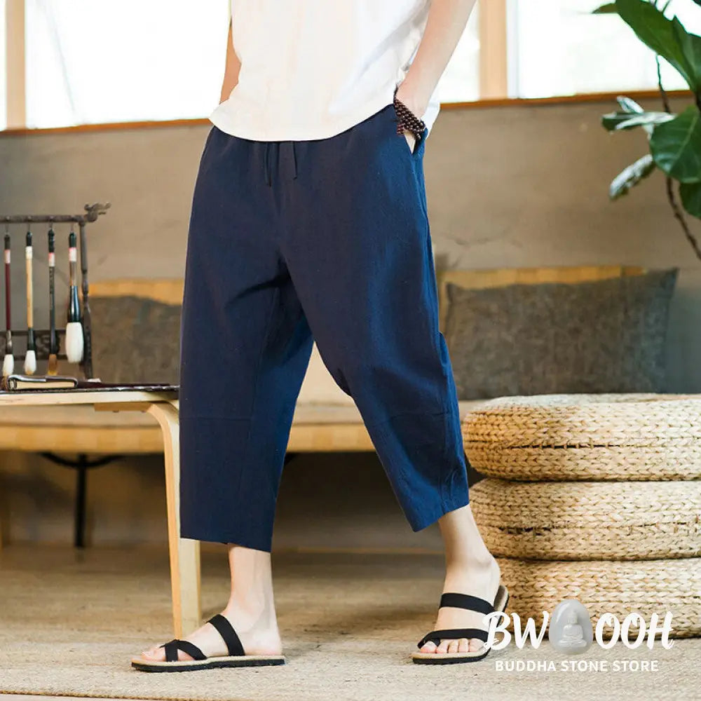 Buddha Stones Simple Design Drawstring Cotton Linen Men’s Solid Color Harem Pants With Pockets - Men’s Tapered Pants