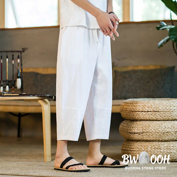 Buddha Stones Simple Design Drawstring Cotton Linen Men’s Solid Color Harem Pants With Pockets - Men’s Tapered Pants
