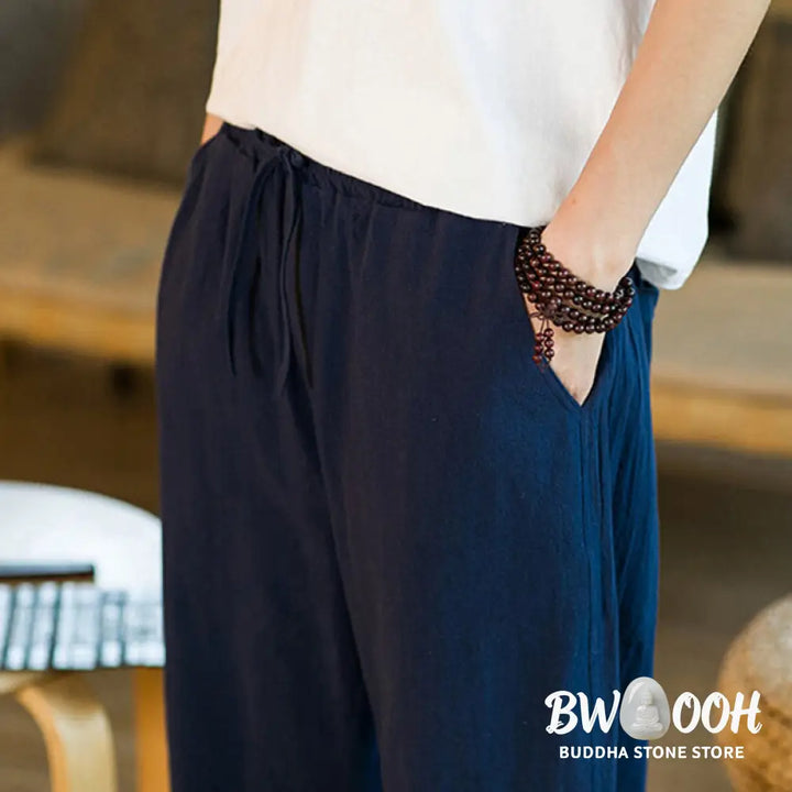 Buddha Stones Simple Design Drawstring Cotton Linen Men’s Solid Color Harem Pants With Pockets - Men’s Tapered Pants
