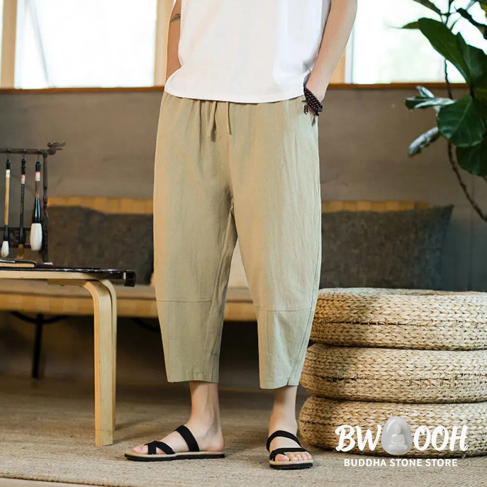 Buddha Stones Simple Design Drawstring Cotton Linen Men’s Solid Color Harem Pants With Pockets - Men’s Tapered Pants