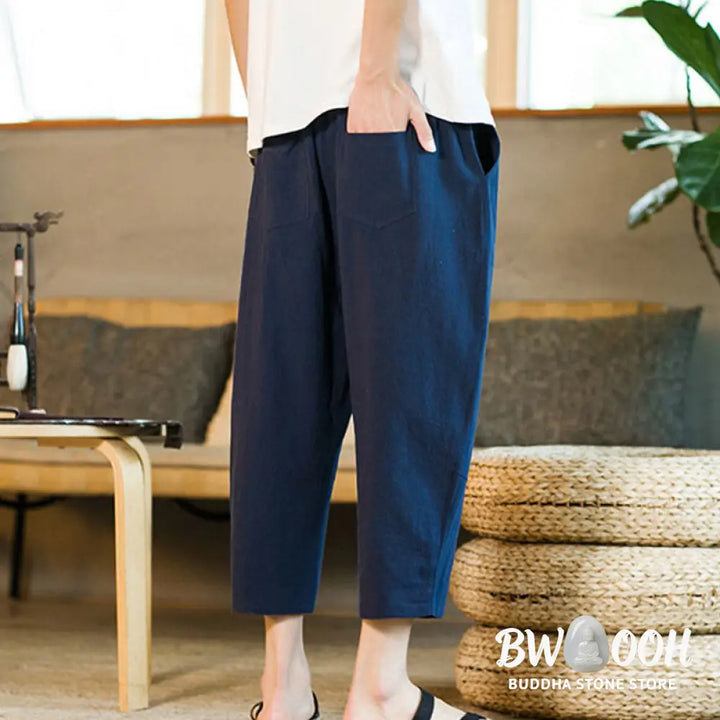 Buddha Stones Simple Design Drawstring Cotton Linen Men’s Solid Color Harem Pants With Pockets - Men’s Tapered Pants