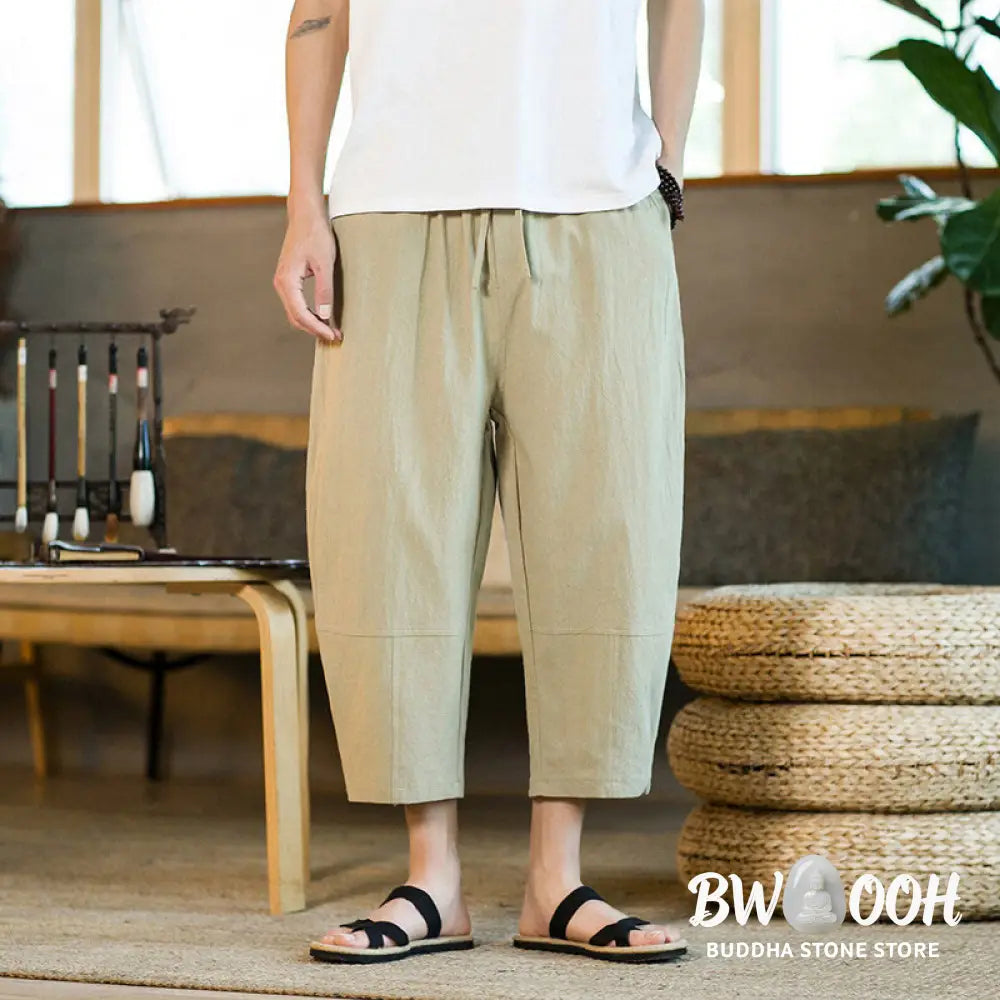 Buddha Stones Simple Design Drawstring Cotton Linen Men’s Solid Color Harem Pants With Pockets - Men’s Tapered Pants