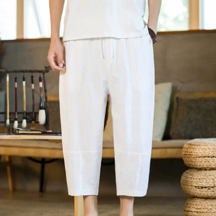 Buddha Stones Simple Design Drawstring Cotton Linen Men’s Solid Color Harem Pants With Pockets - White