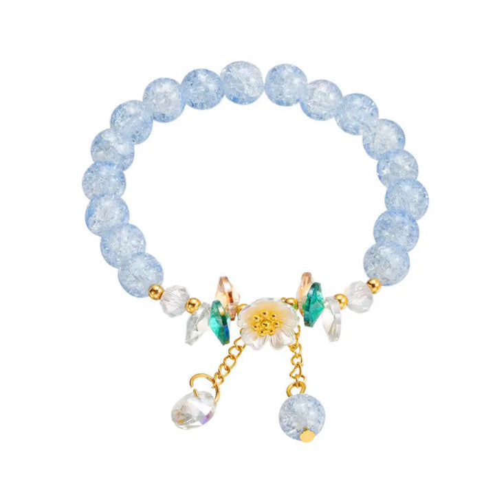 Buddha Stones Simple Design Flower Charm Glass Bead Bracelet - BWOOOH - Blue - Bracelet