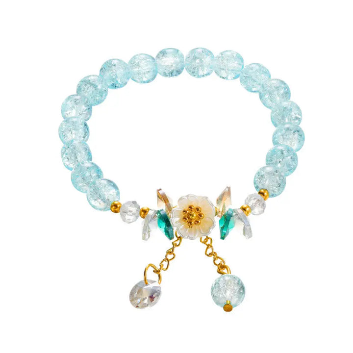 Buddha Stones Simple Design Flower Charm Glass Bead Bracelet - BWOOOH - Light Blue - Bracelet