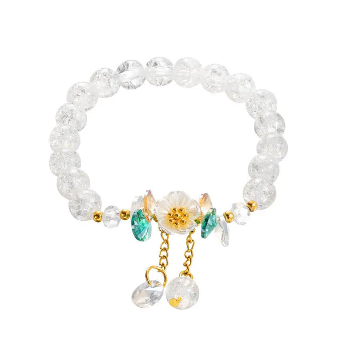 Buddha Stones Simple Design Flower Charm Glass Bead Bracelet - BWOOOH - White - Bracelet