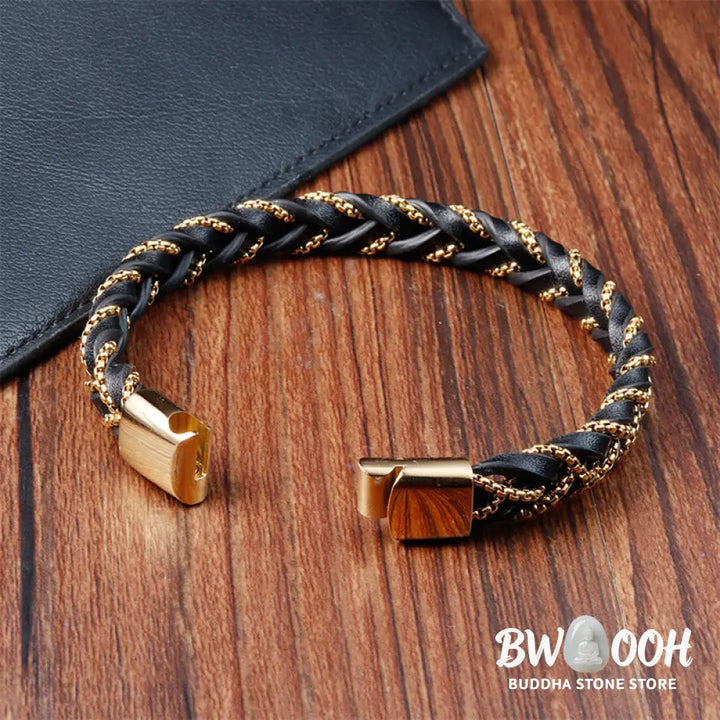 Buddha Stones Simple Design Titanium Steel Calm Braided Leather Buckle Bracelet - BWOOOH - Bracelet