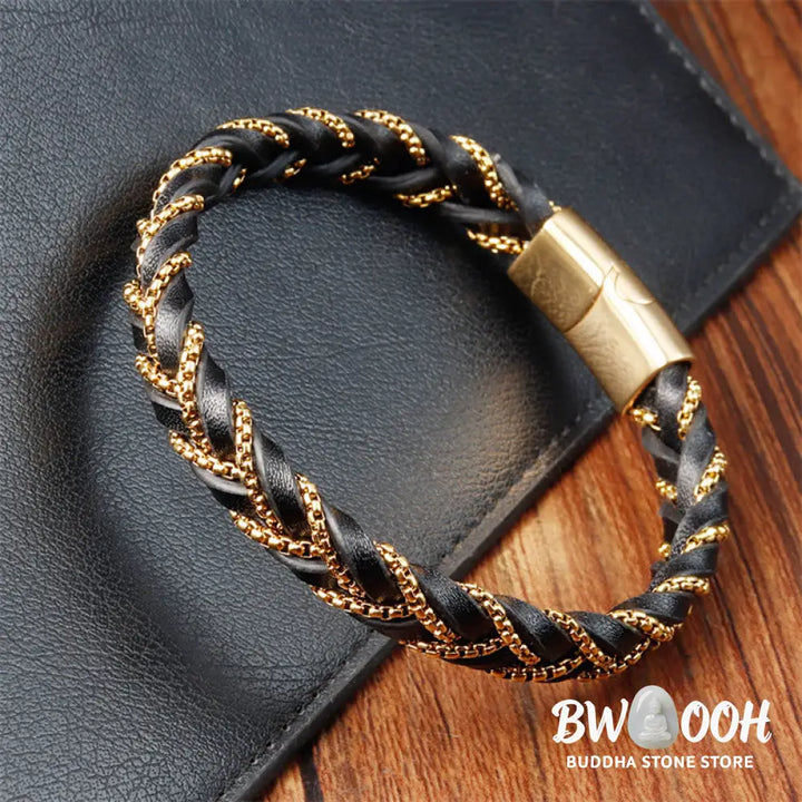 Buddha Stones Simple Design Titanium Steel Calm Braided Leather Buckle Bracelet - BWOOOH - Bracelet