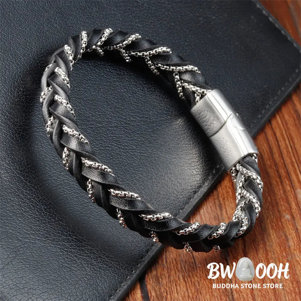 Buddha Stones Simple Design Titanium Steel Calm Braided Leather Buckle Bracelet - BWOOOH - Bracelet