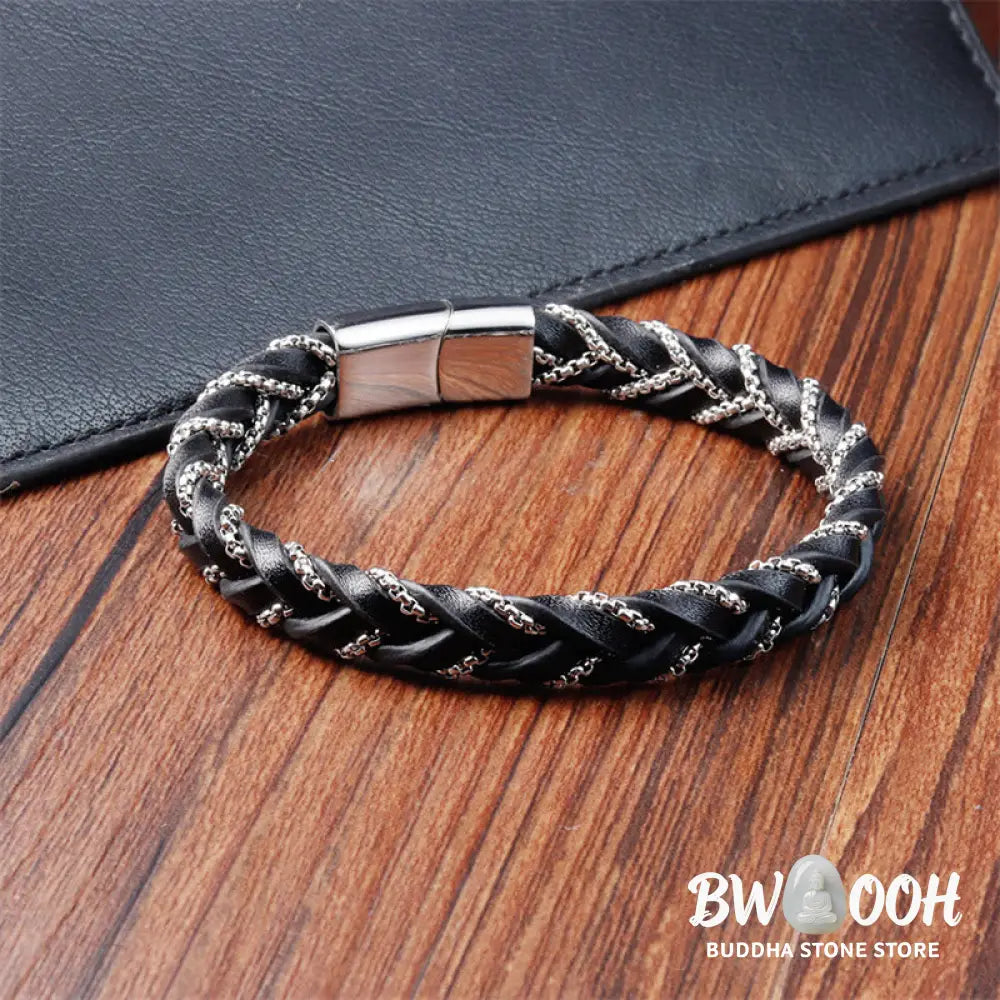 Buddha Stones Simple Design Titanium Steel Calm Braided Leather Buckle Bracelet - BWOOOH - Bracelet