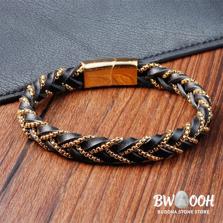 Buddha Stones Simple Design Titanium Steel Calm Braided Leather Buckle Bracelet - BWOOOH - Bracelet