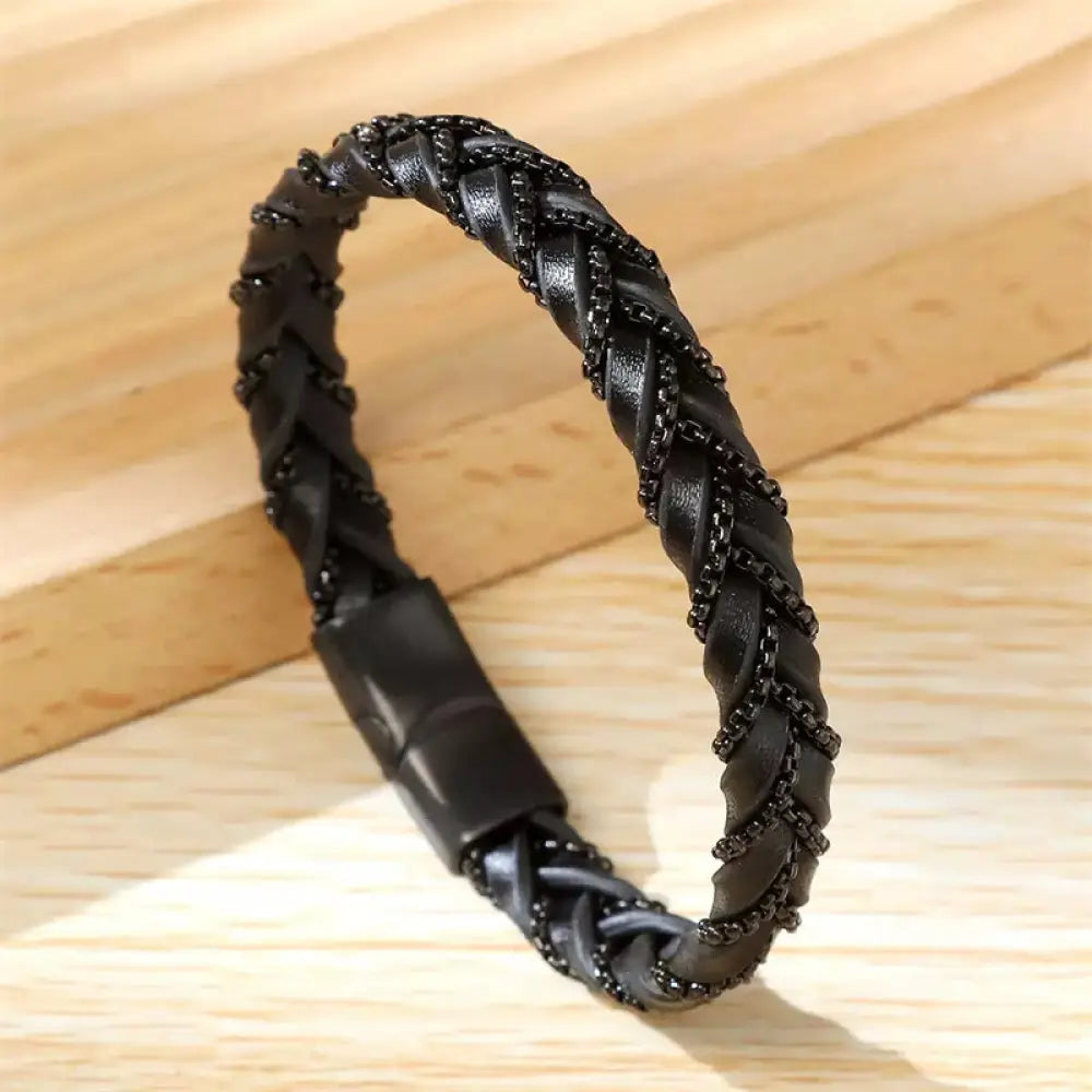 Buddha Stones Simple Design Titanium Steel Calm Braided Leather Buckle Bracelet - BWOOOH - Black(Wrist Circumference: