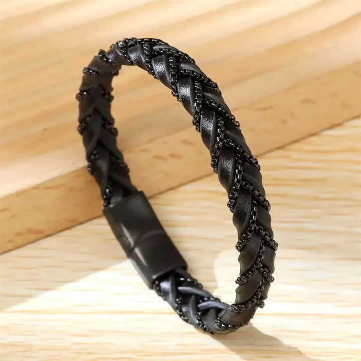 Buddha Stones Simple Design Titanium Steel Calm Braided Leather Buckle Bracelet - BWOOOH - Black(Wrist Circumference: