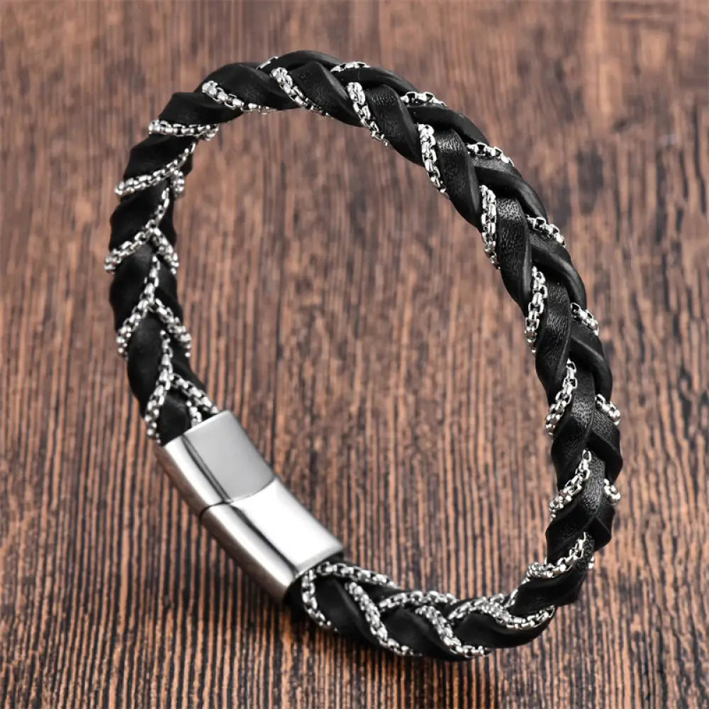 Buddha Stones Simple Design Titanium Steel Calm Braided Leather Buckle Bracelet - BWOOOH - Silver(Wrist Circumference: