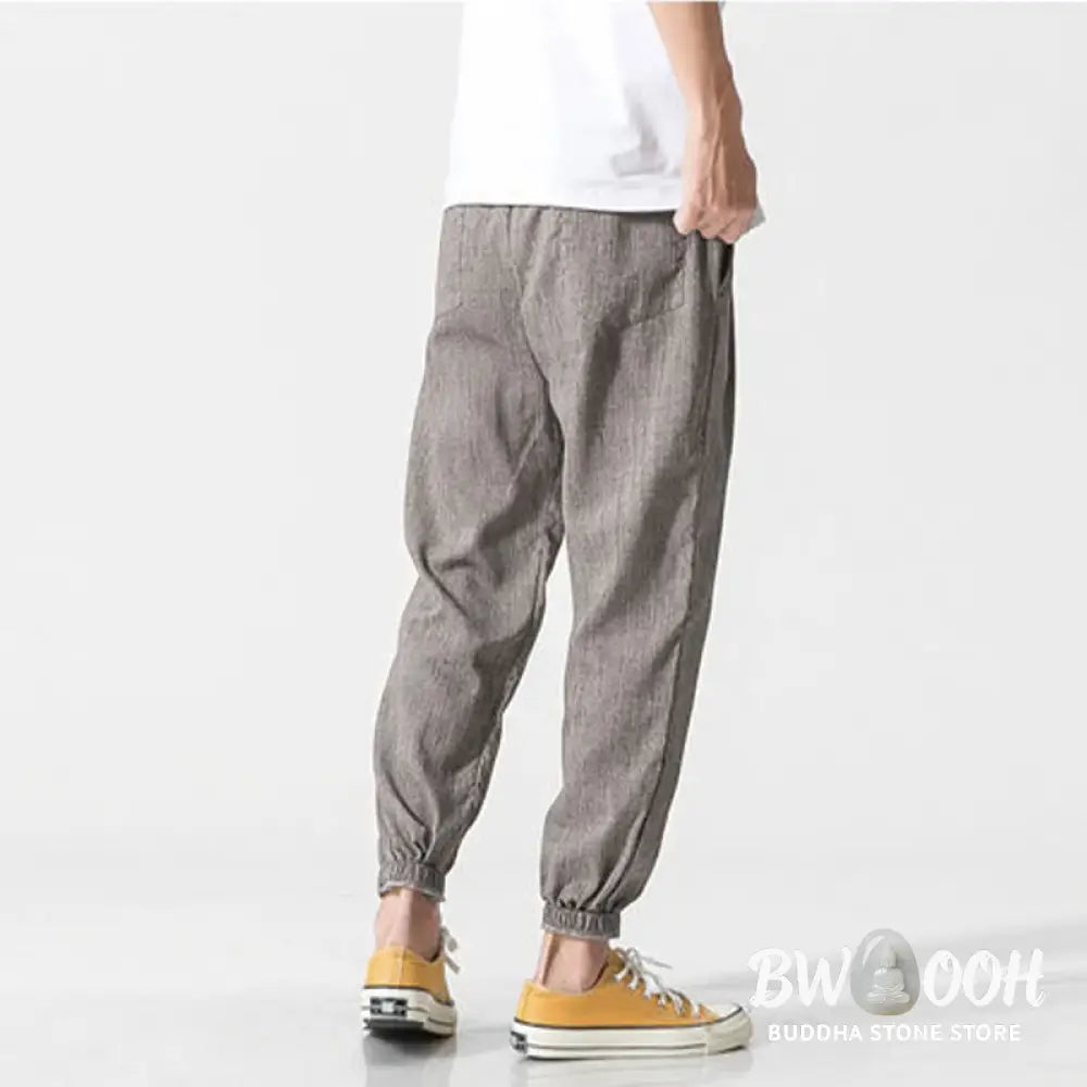 Buddha Stones Simple Drawstring Design Linen Men&