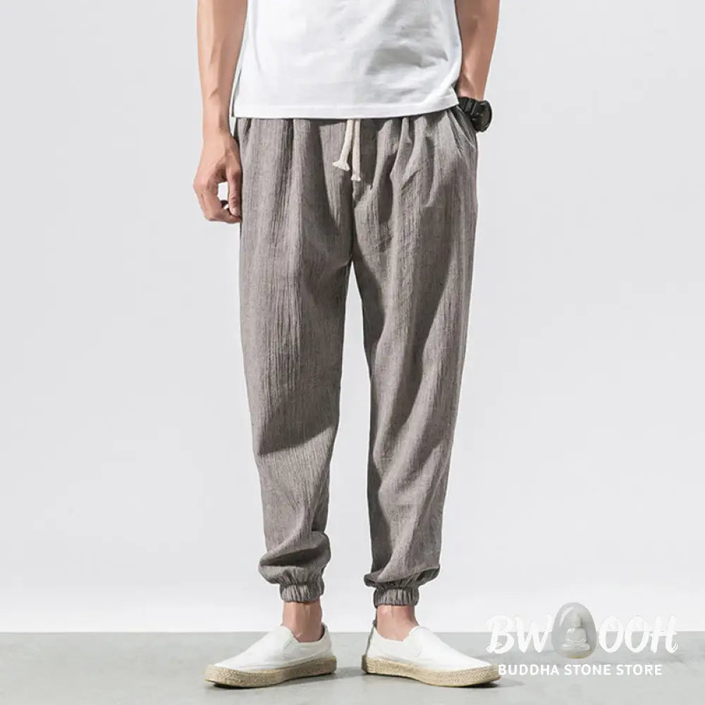 Buddha Stones Simple Drawstring Design Linen Men's Pants With Pockets - Men's Pants