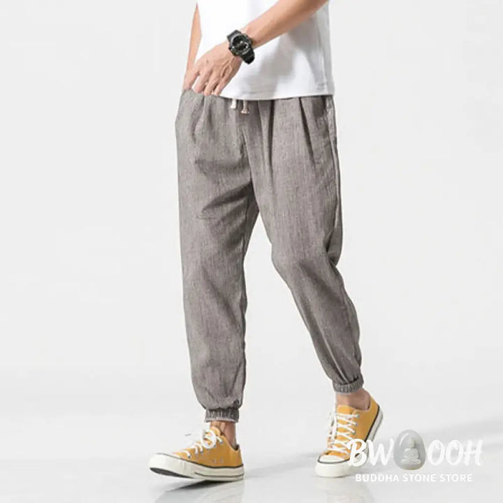 Buddha Stones Simple Drawstring Design Linen Men&