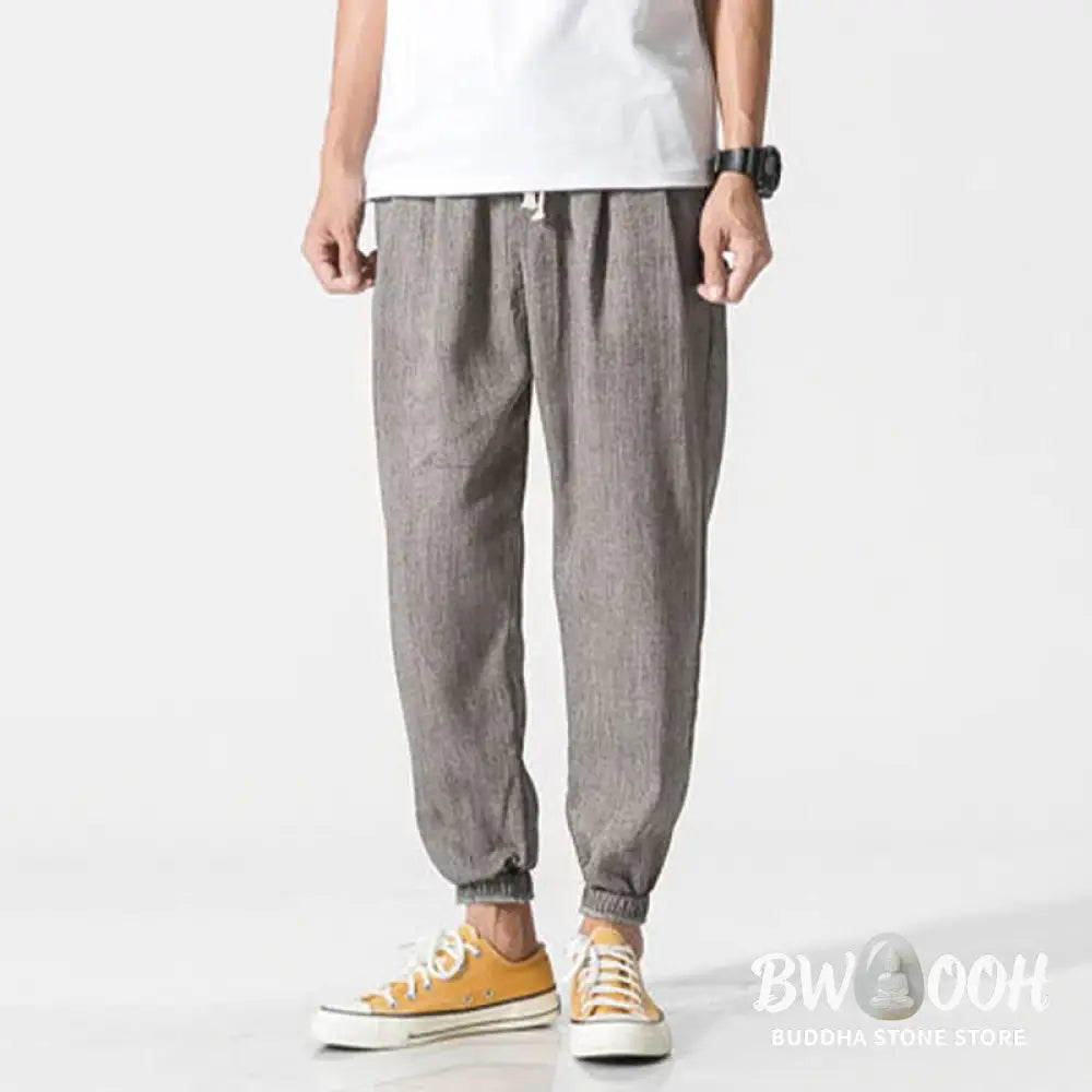 Buddha Stones Simple Drawstring Design Linen Men&