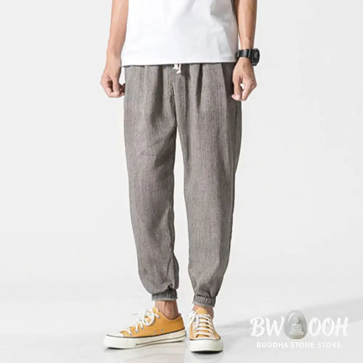 Buddha Stones Simple Drawstring Design Linen Men&