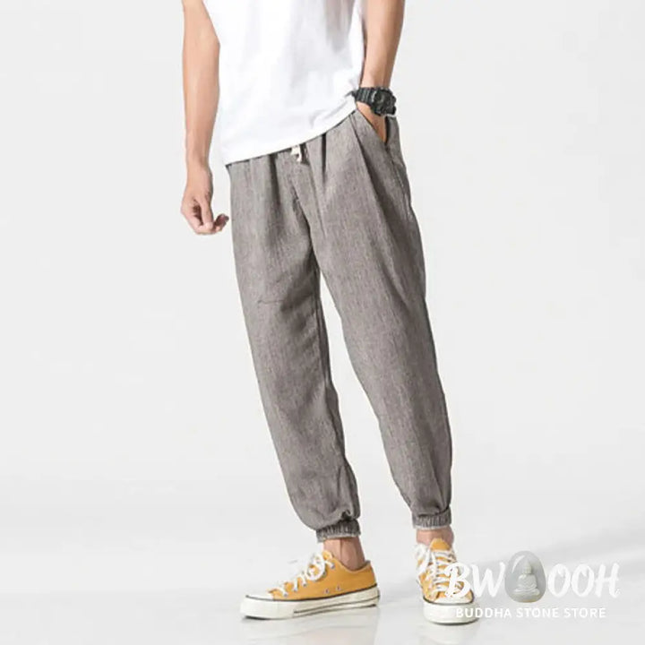 Buddha Stones Simple Drawstring Design Linen Men&